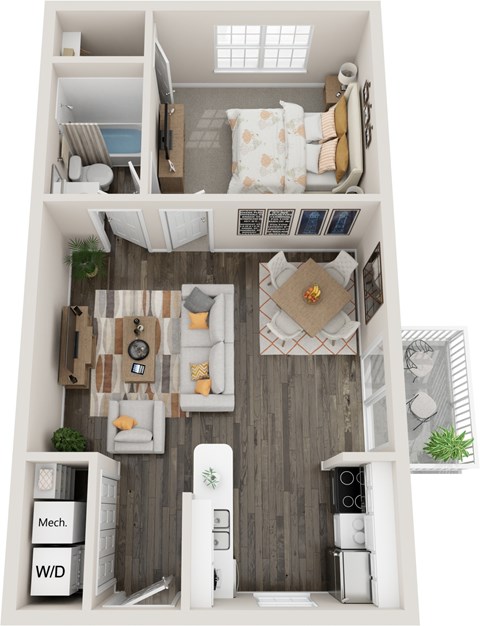 Floor plan for 1 bed, 1 bath, 635 sqft
